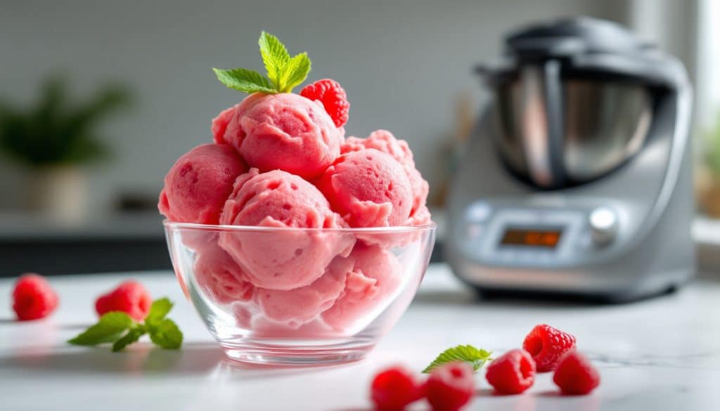 découvrez une recette rapide et facile de sorbet framboise avec votre thermomix, pour un dessert frais et savoureux en quelques minutes.