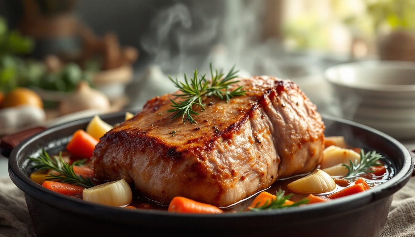 découvrez notre recette facile de rôti de porc en cocotte, tendre et fondant à souhait, parfaite pour un repas savoureux et réconfortant.