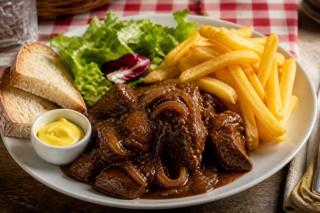 découvrez notre menu complet avec une délicieuse carbonade flamande accompagnée de ses garnitures traditionnelles pour un repas authentique et savoureux.