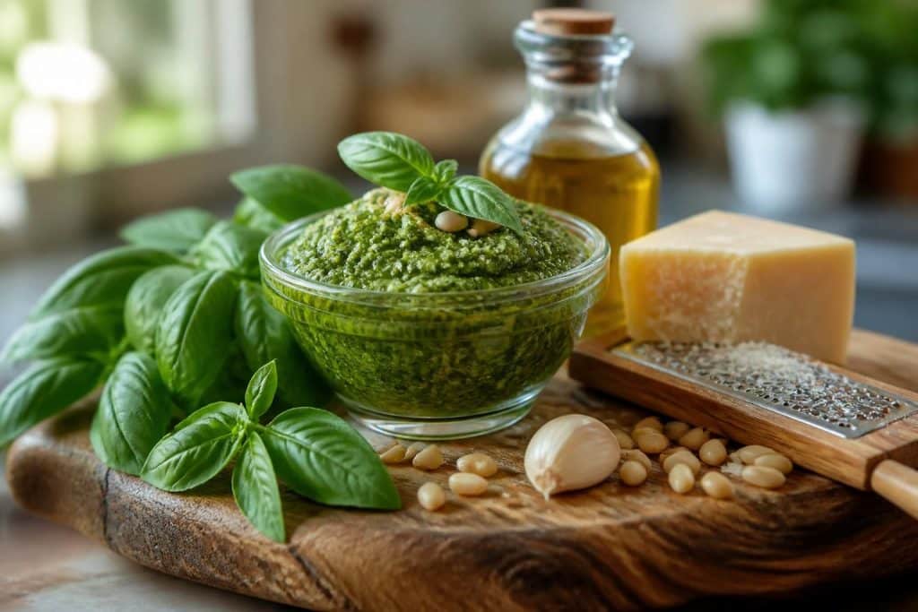 découvrez une recette facile et rapide pour préparer un pesto maison parfumé au basilic frais. parfait pour accompagner vos pâtes et plats méditerranéens.