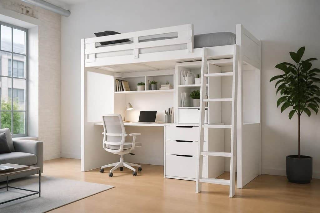 découvrez notre lit mezzanine blanc avec bureau intégré, une solution idéale pour optimiser l'espace tout en alliant fonctionnalité et design moderne.