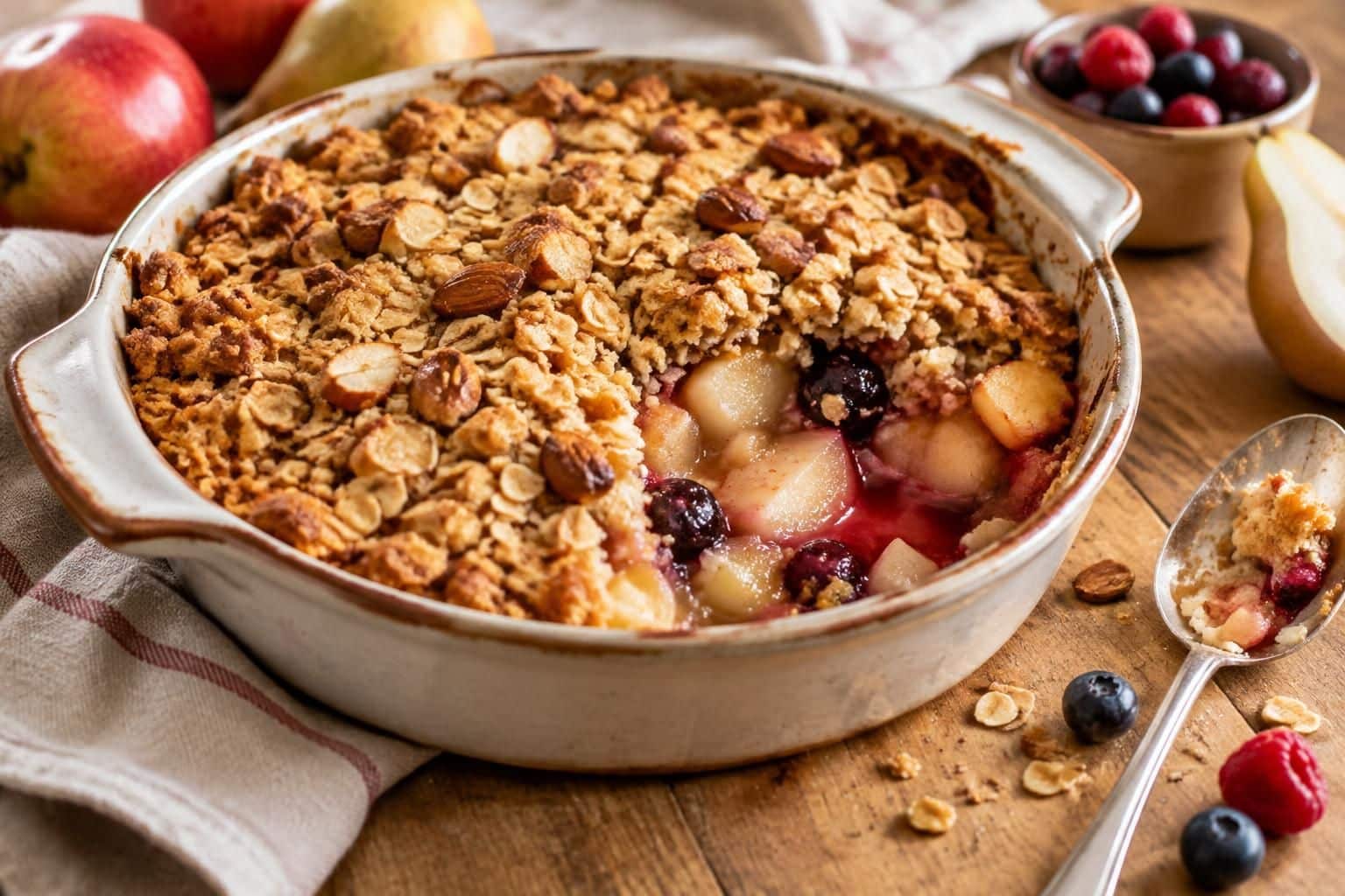 découvrez une recette facile de crumble sans beurre, doré et croustillant, à préparer avec vos fruits de saison préférés.