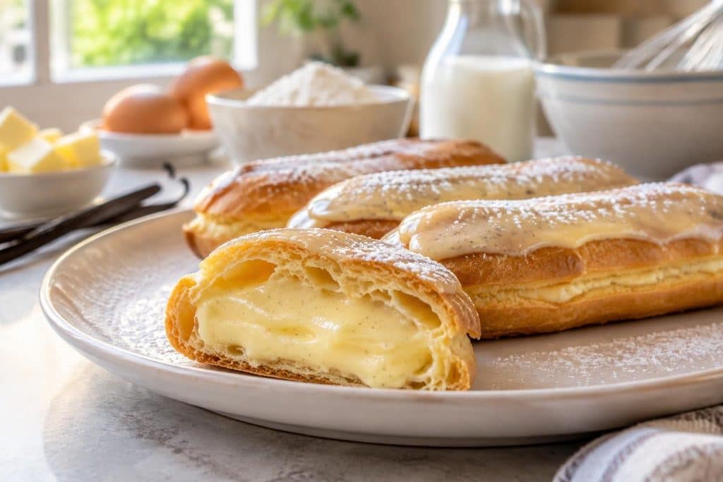 découvrez une recette facile et rapide d’éclairs à la vanille, avec une pâte légère et une crème onctueuse à préparer à la maison.