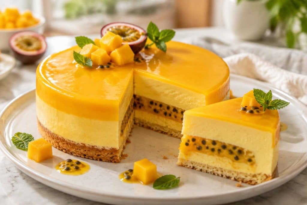 découvrez une recette facile d’entremets mangue-passion, frais et gourmand, avec une mousse légère et des saveurs exotiques pour un dessert irrésistible.