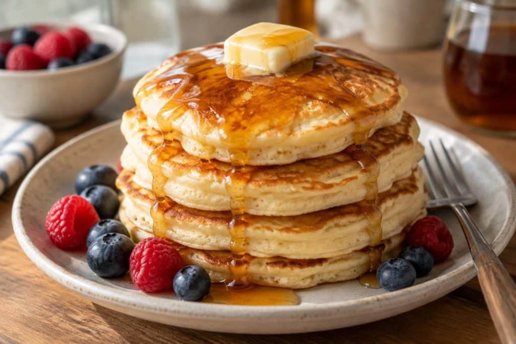 découvrez une recette facile et rapide de fluffy pancakes : des pancakes épais, légers et ultra moelleux, parfaits pour le petit-déjeuner ou le brunch.