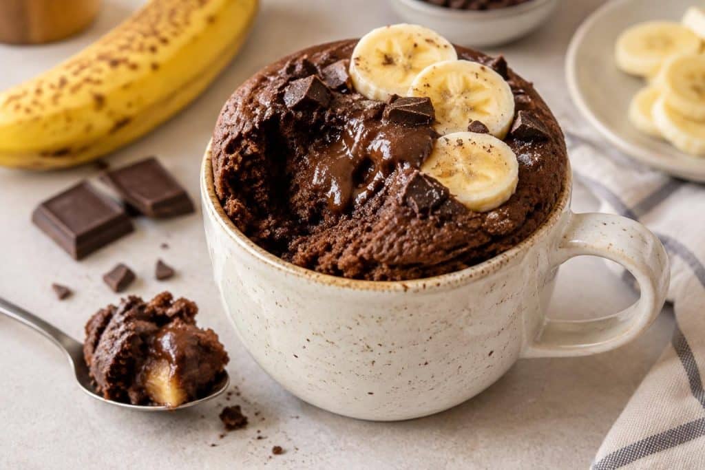 préparez un mug cake banane chocolat rapide et facile au micro-ondes : un dessert gourmand prêt en quelques minutes, idéal pour une envie sucrée.
