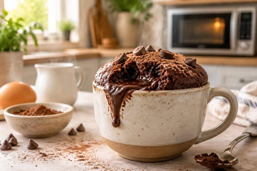préparez un délicieux mug cake au chocolat en poudre en quelques minutes : une recette rapide, facile et parfaite pour une envie de gourmandise.