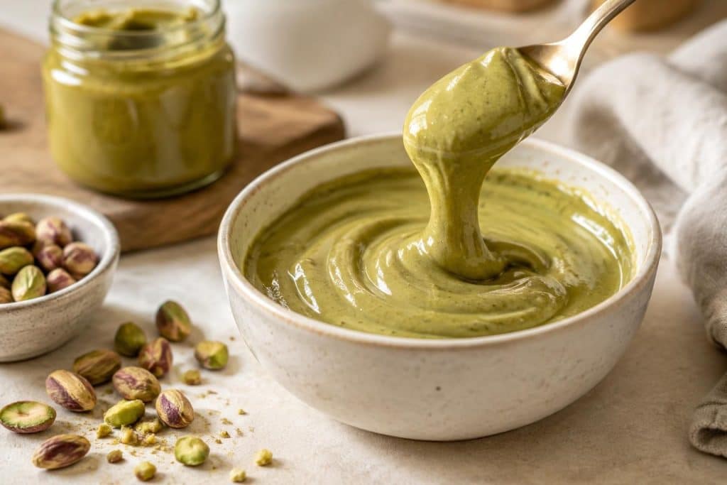 préparez une crème pistache maison onctueuse et rapide avec cette recette facile, idéale pour garnir vos desserts ou savourer à la cuillère.