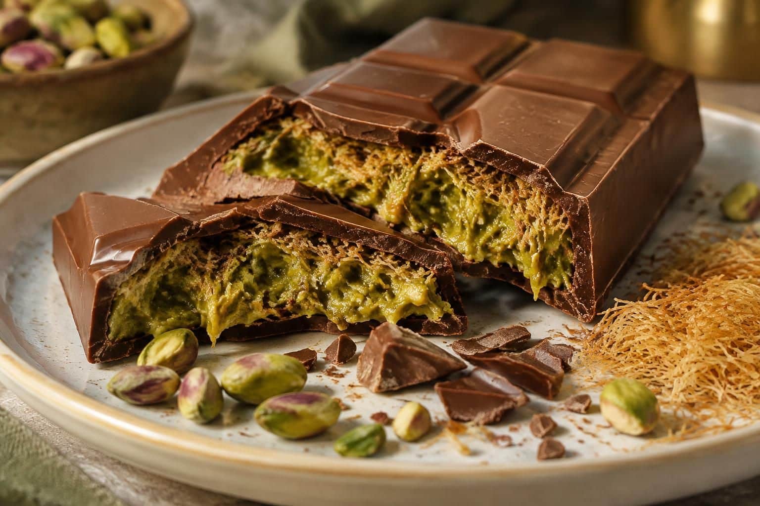 découvrez une recette facile de chocolat de dubaï, garni de pistache onctueuse et de kadaïf croustillant. une gourmandise à préparer chez vous.