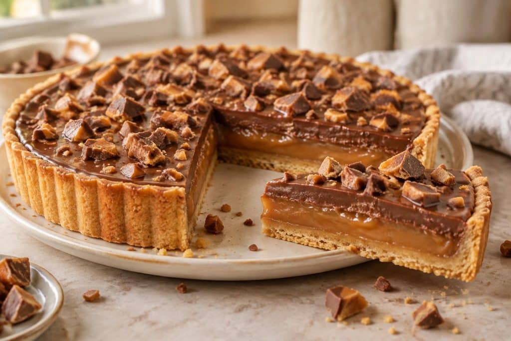 découvrez une recette facile de tarte au daim, délicieusement gourmande avec son caramel fondant et son chocolat croquant.